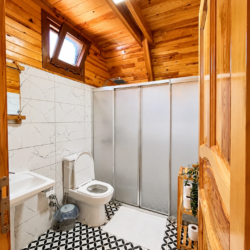Emis Pure bungalov duş kabini, lavabo ve banyo alanı