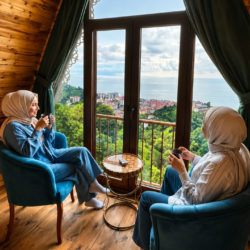 Emis Pure Karadeniz manzaralı pencere önünde kahve içilen oturma alanı
