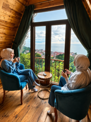 Emis Pure Karadeniz manzaralı pencere önünde kahve içilen oturma alanı