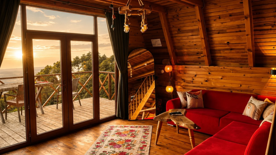 Emis Pure ahşap salonu, balkon ve Karadeniz gün batımı manzarası