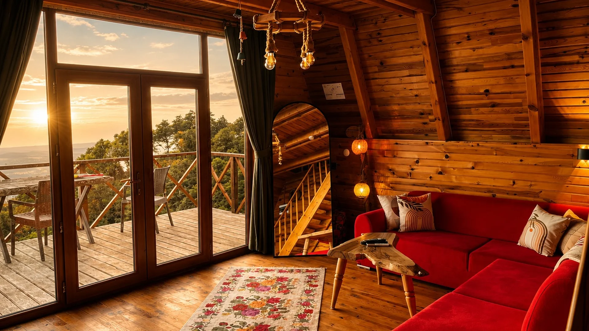 Emis Pure ahşap salonu, balkon ve Karadeniz gün batımı manzarası