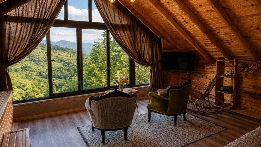 Fındıklı Rize’de Emis İnziva’nın panoramik doğa manzaralı üst kat oturma ve dinlenme alanı