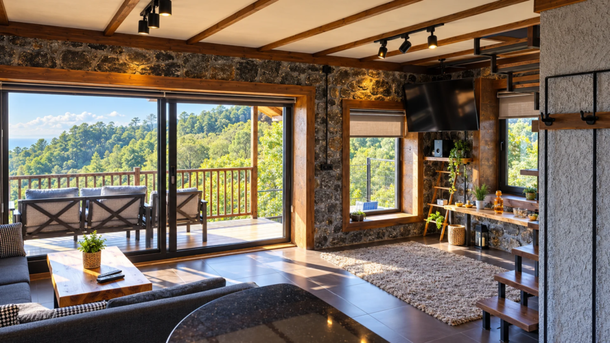 Fındıklı Rize’de Emis İnziva’nın geniş salonu, büyük cam kapıları ve manzaralı balkon alanı